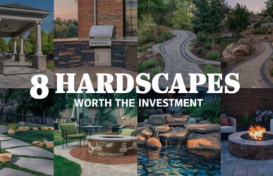 A collage of eight hardscapes by Alphecca Group: stone sitting wall, grill surround, brick paver walkway, retaining wall, water feature, fire pit, pergola, and landscape lighting.