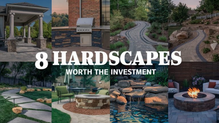 A collage of eight hardscapes by Alphecca Group: stone sitting wall, grill surround, brick paver walkway, retaining wall, water feature, fire pit, pergola, and landscape lighting.