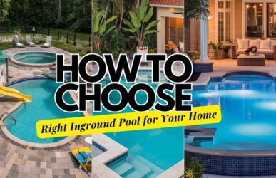 Comparison of three types of inground pools: family-friendly vinyl liner pool on the left, elegant fiberglass pool in the center, and luxurious concrete pool with custom features on the right, each in distinctively landscaped settings.