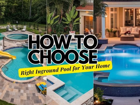 Comparison of three types of inground pools: family-friendly vinyl liner pool on the left, elegant fiberglass pool in the center, and luxurious concrete pool with custom features on the right, each in distinctively landscaped settings.